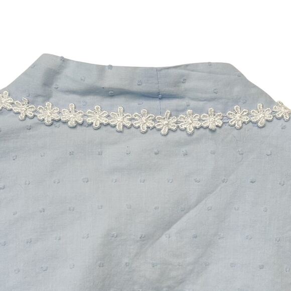 EILEEN WEST Lace Trimmed Swiss Dot Textured Cotton Belted Robe Blue White Sz S/M - Picture 6 of 9